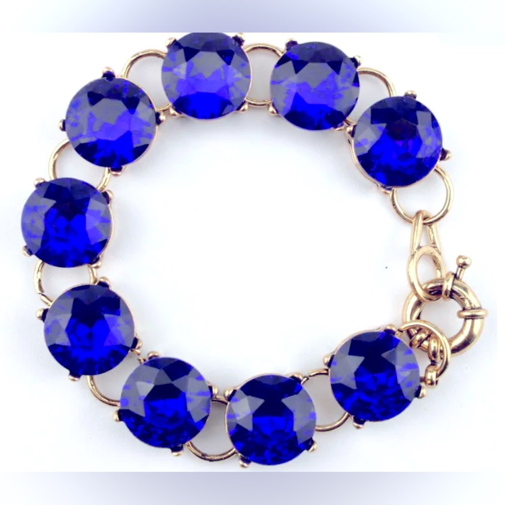 Royal blue crystal sparkly link bracelet gold tone bling